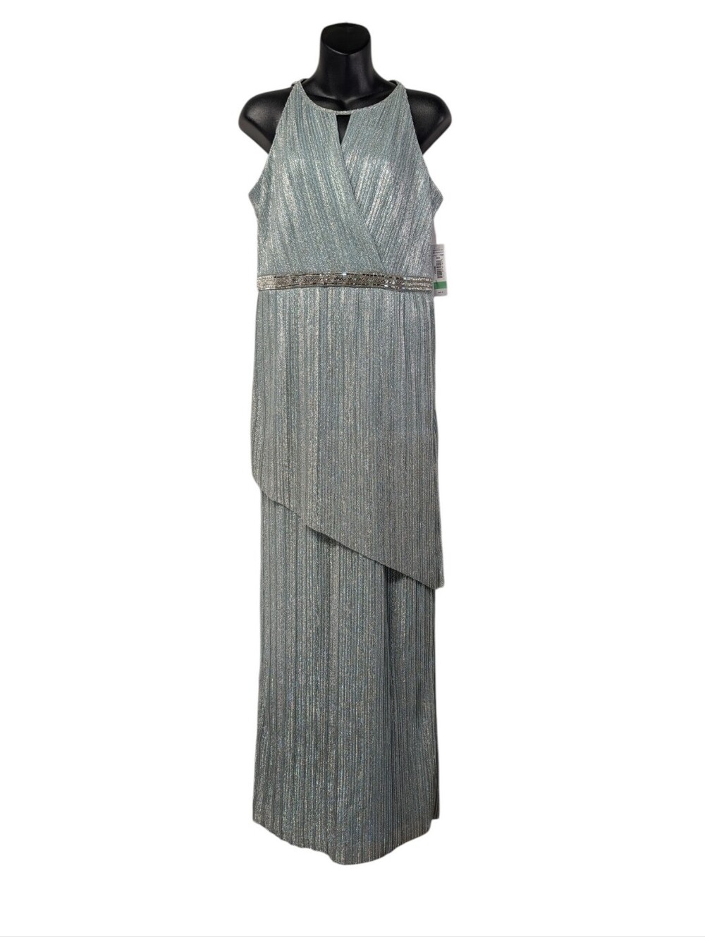 R&M Richards Soft Sage Green  Metallic Pleated Formal Gown Beaded Waist Sz 8 NWT